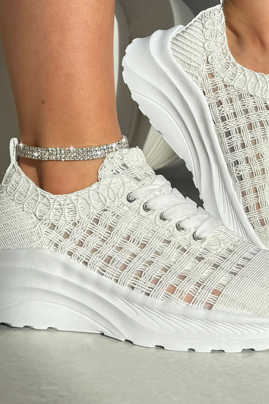 Flex Cloud Knit Mesh Lace-Up Chunky Trainers White, with emphasis on breathable knit-style mesh-look upper
