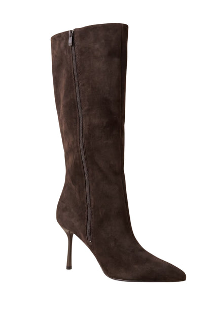Selena Luxe Knee High Faux Suede Kitten Heel Wide Leg Boot Brown