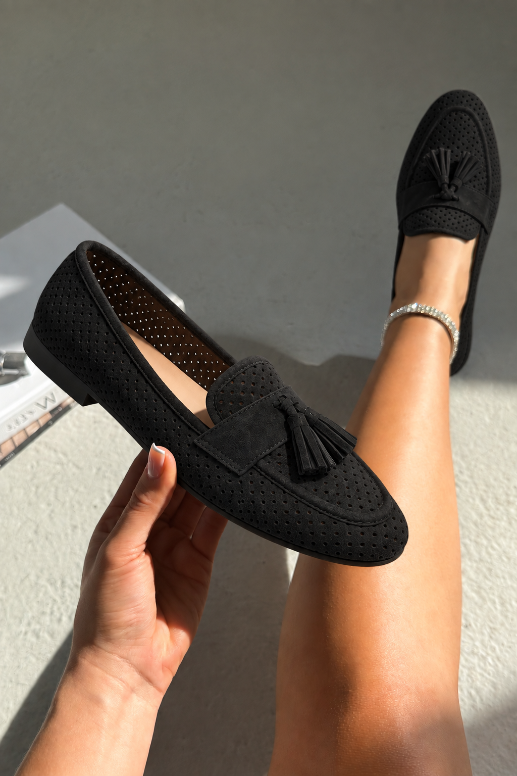 Delilah Faux Suede Laser Cut Tassel Flat Loafers Black