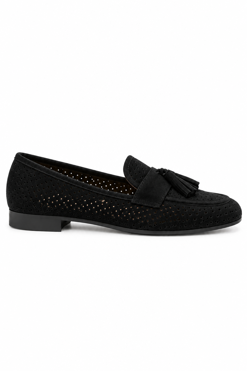 Delilah Faux Suede Laser Cut Tassel Flat Loafers Black