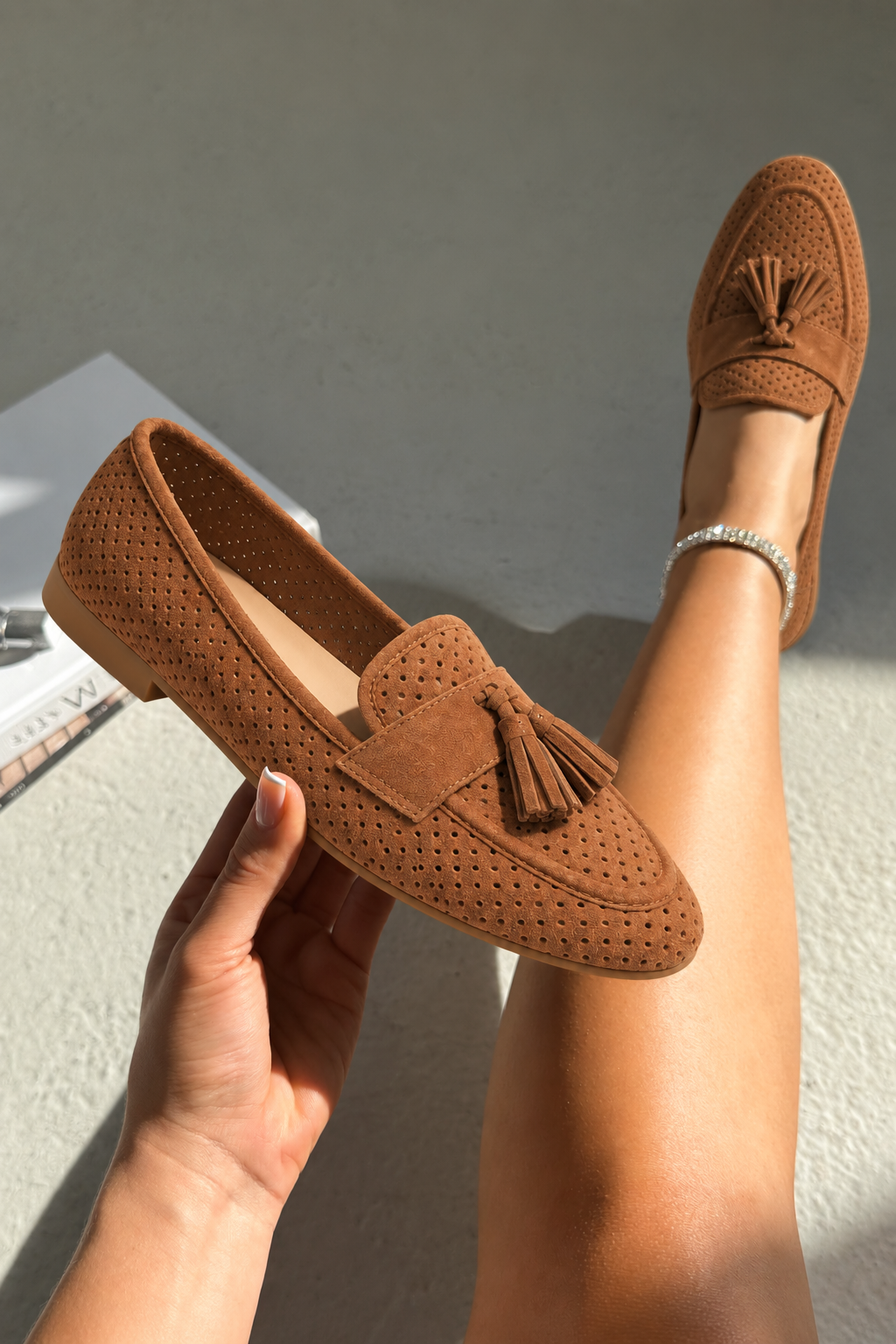 Delilah Faux Suede Laser Cut Tassel Flat Loafers Camel
