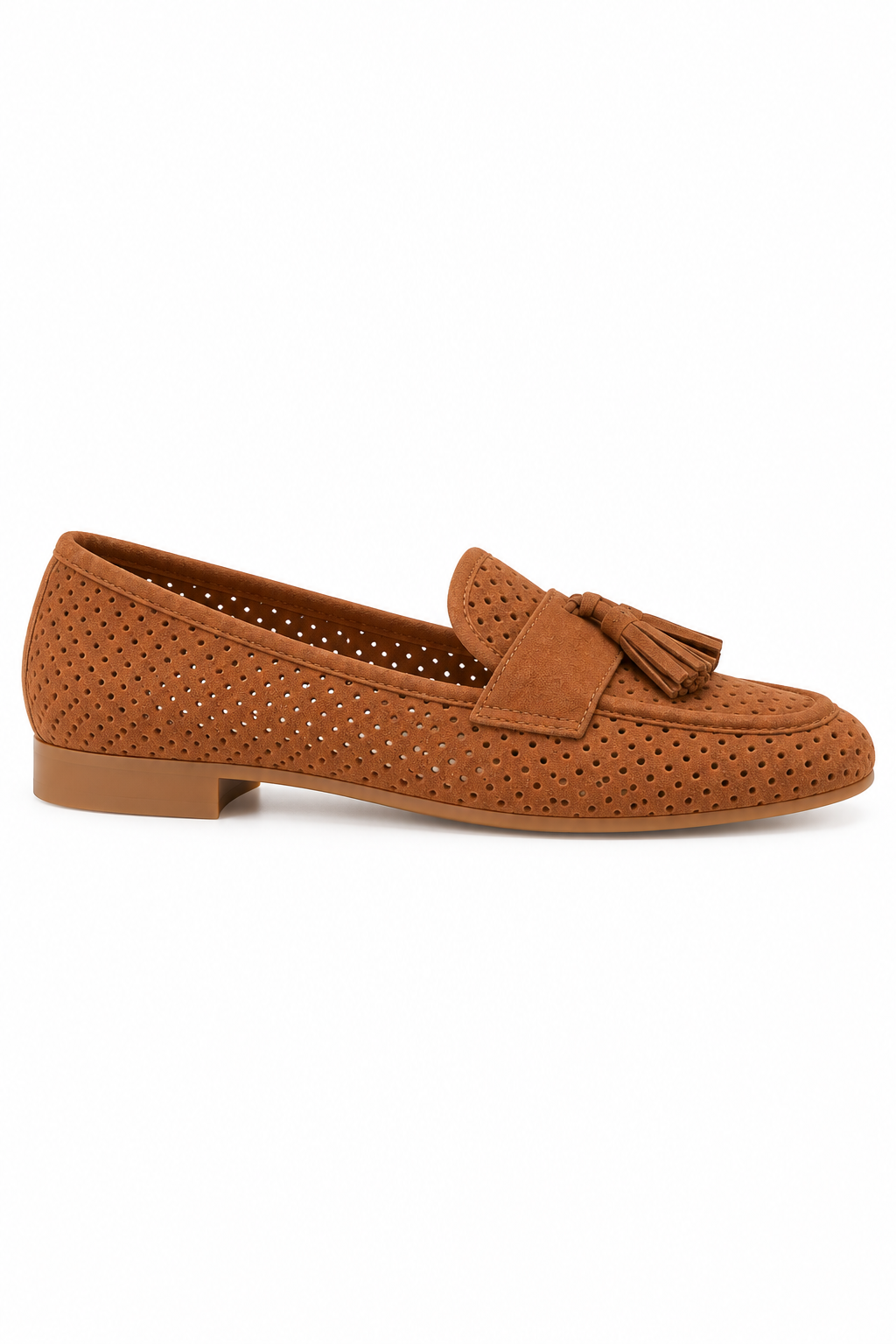 Delilah Faux Suede Laser Cut Tassel Flat Loafers Camel
