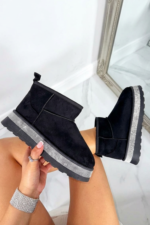 Crystal Diamond Edge Cosy Snug Mini Boots Black