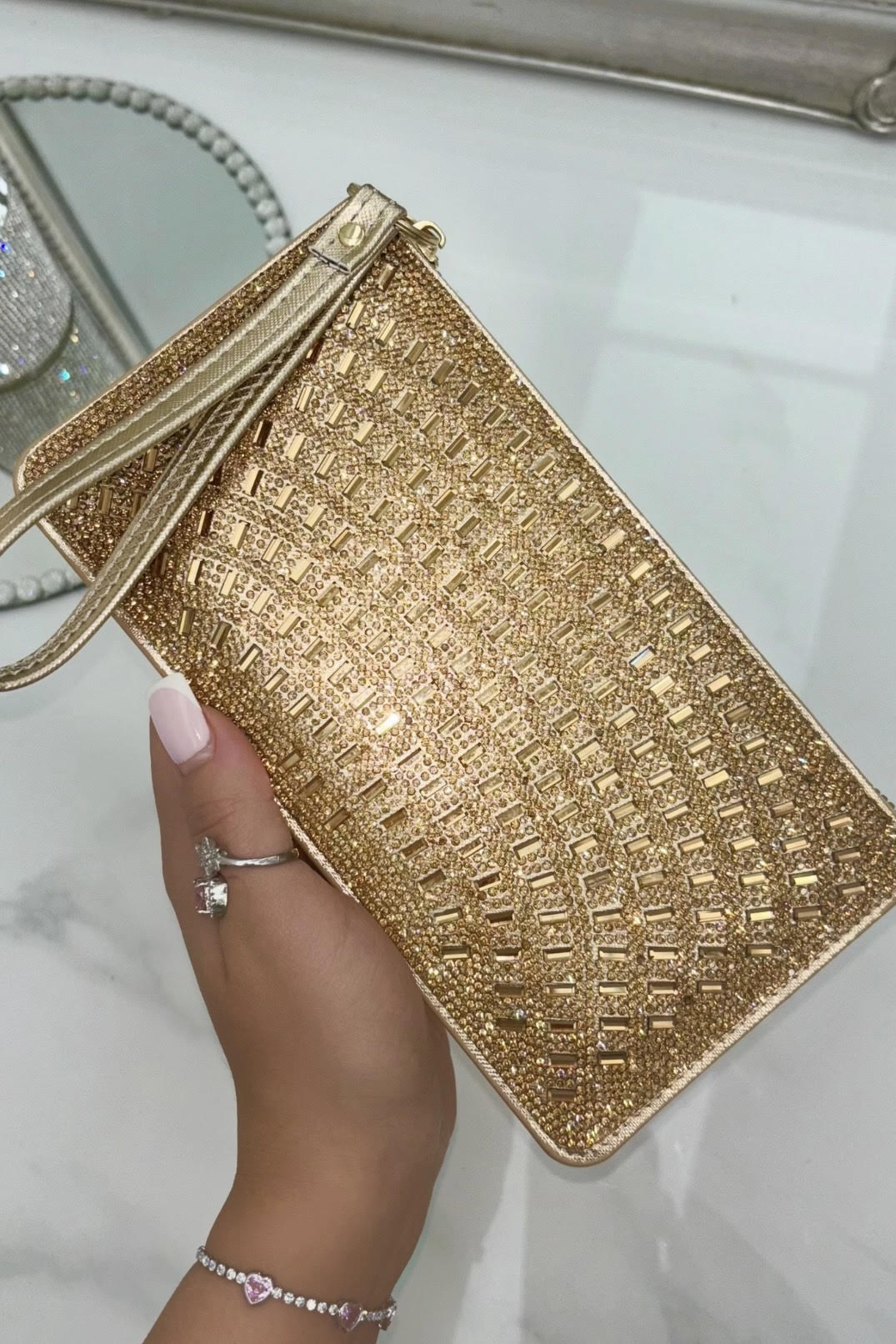 Crystal Disco Ball Clutch Purse Rose Gold, with emphasis on zip closure