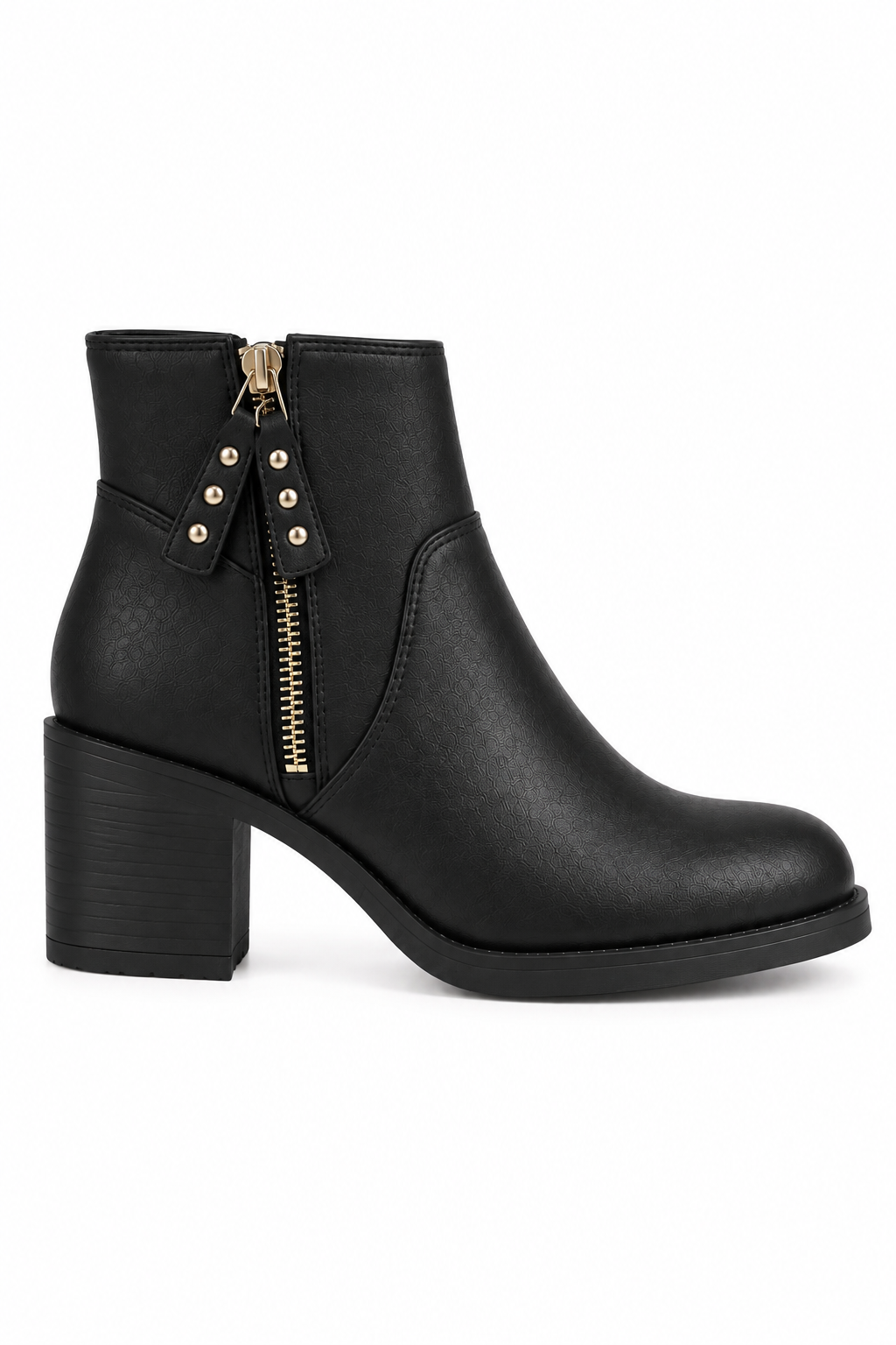 Blake Luxe Faux Leather Studded Side Zip Block Heel Ankle Boots Black
