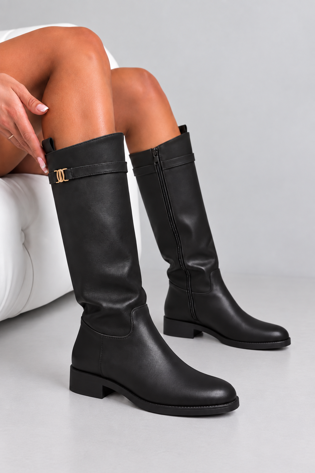 Elodie Luxe Buckle Trim Leather Look Zip Up Knee High Boots Black