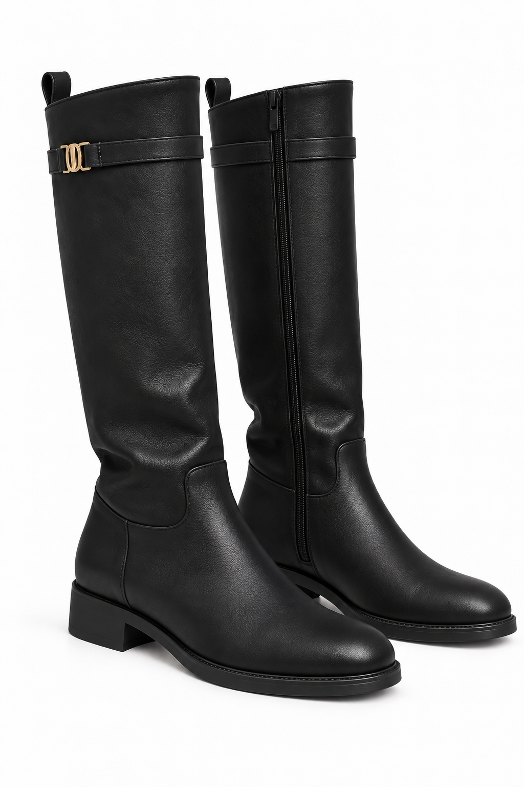 Elodie Luxe Buckle Trim Leather Look Zip Up Knee High Boots Black