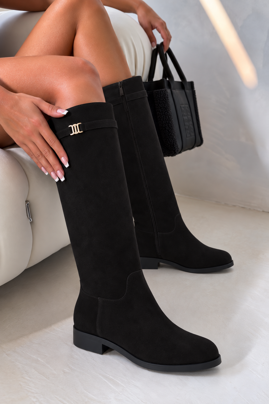 Elodie Luxe Faux Suede Zip Up Knee High Buckle Boots Black