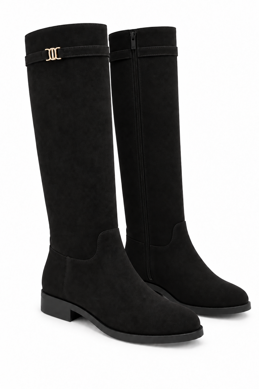 Elodie Luxe Faux Suede Zip Up Knee High Buckle Boots Black