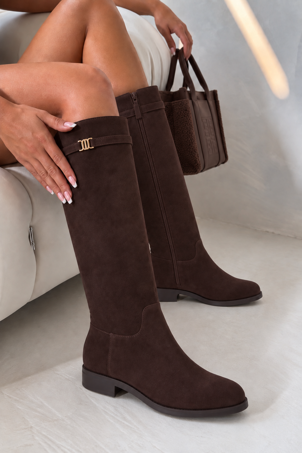Elodie Luxe Faux Suede Zip Up Knee High Buckle Boots Coffee Brown