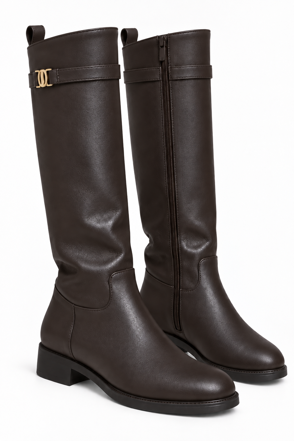 Elodie Luxe Buckle Trim Leather Look Zip Up Knee High Boots Coffee Brown
