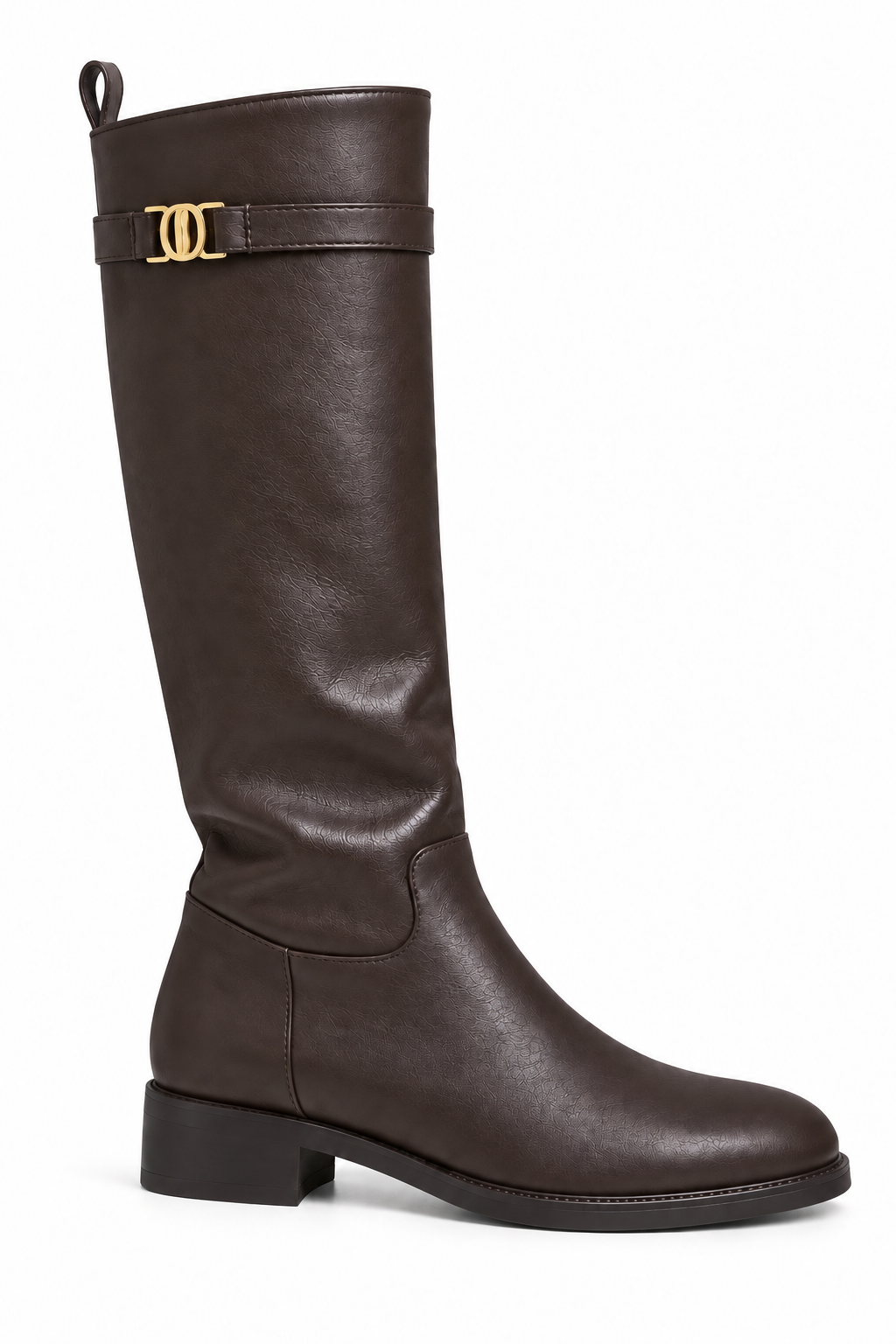 Elodie Luxe Buckle Trim Leather Look Zip Up Knee High Boots Coffee Brown