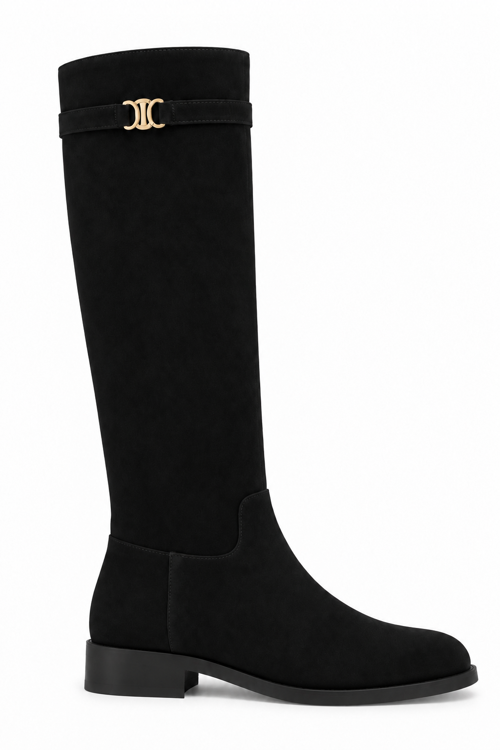 Elodie Luxe Faux Suede Zip Up Knee High Buckle Boots Black