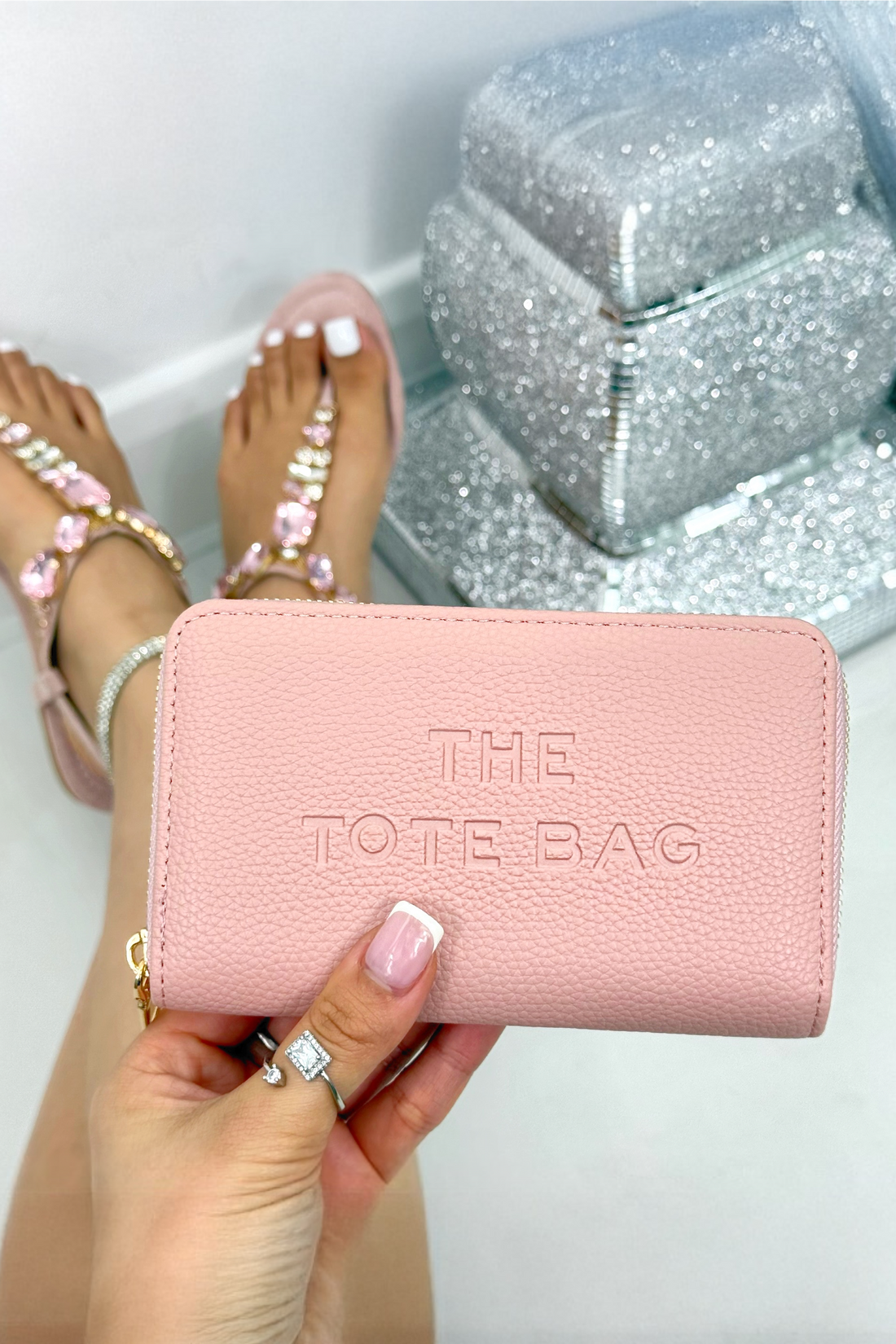 Faux Leather Everyday Wallet Tote Purse Baby Pink featuring sleek faux leather purse with embossed slogan detail
