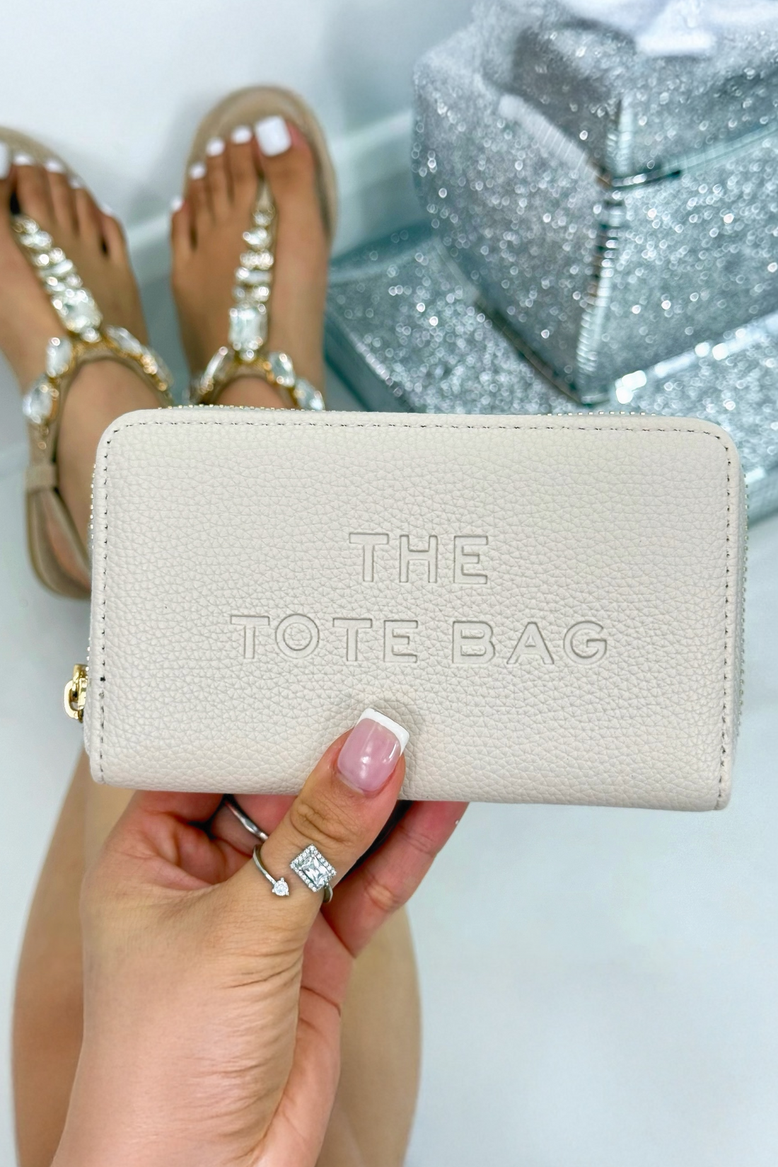 Faux Leather Everyday Wallet Tote Purse Nude finished with sleek faux leather purse with embossed slogan detail