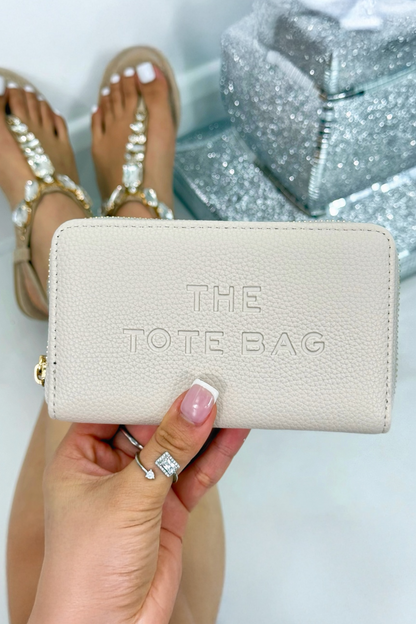 Faux Leather Everyday Wallet Tote Purse Nude finished with sleek faux leather purse with embossed slogan detail