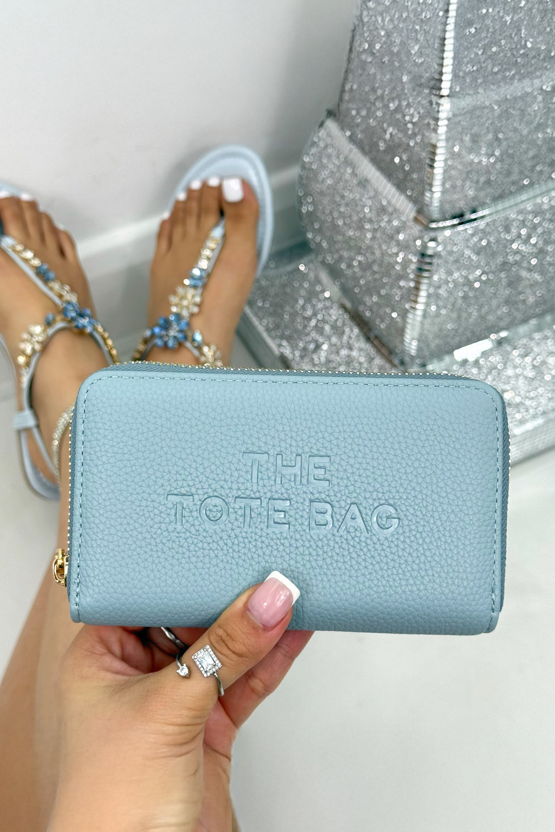 Faux Leather Everyday Wallet Tote Purse Blue with sleek faux leather purse with embossed slogan detail