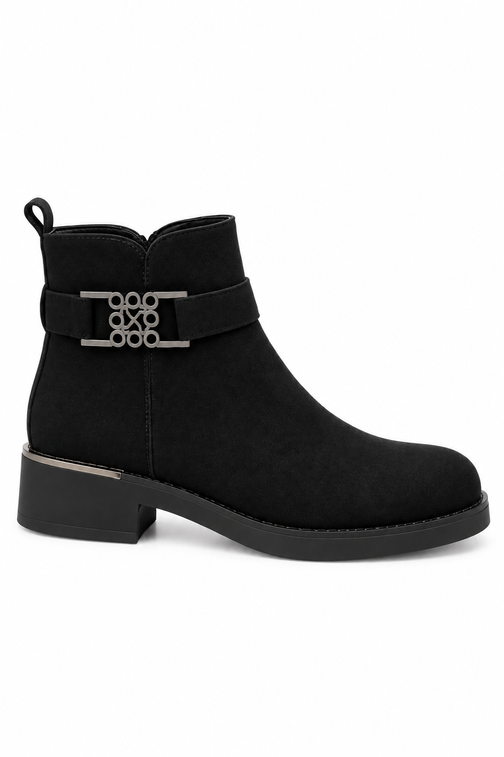 Wren Luxe XO Filigree Buckle Faux Suede Low Heel Ankle Boots Black