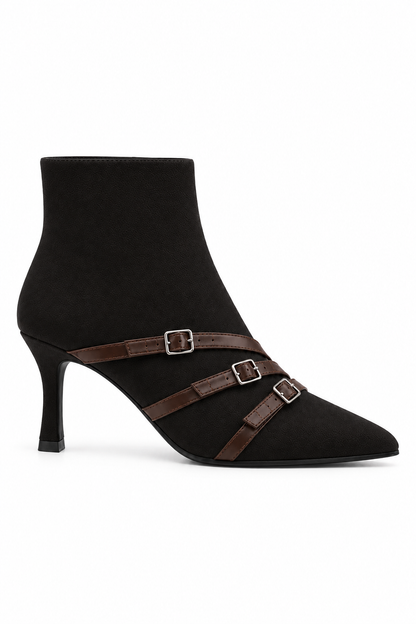 Elara Faux Suede Triple Buckle Zip Up Kitten Heel Ankle Boots Black