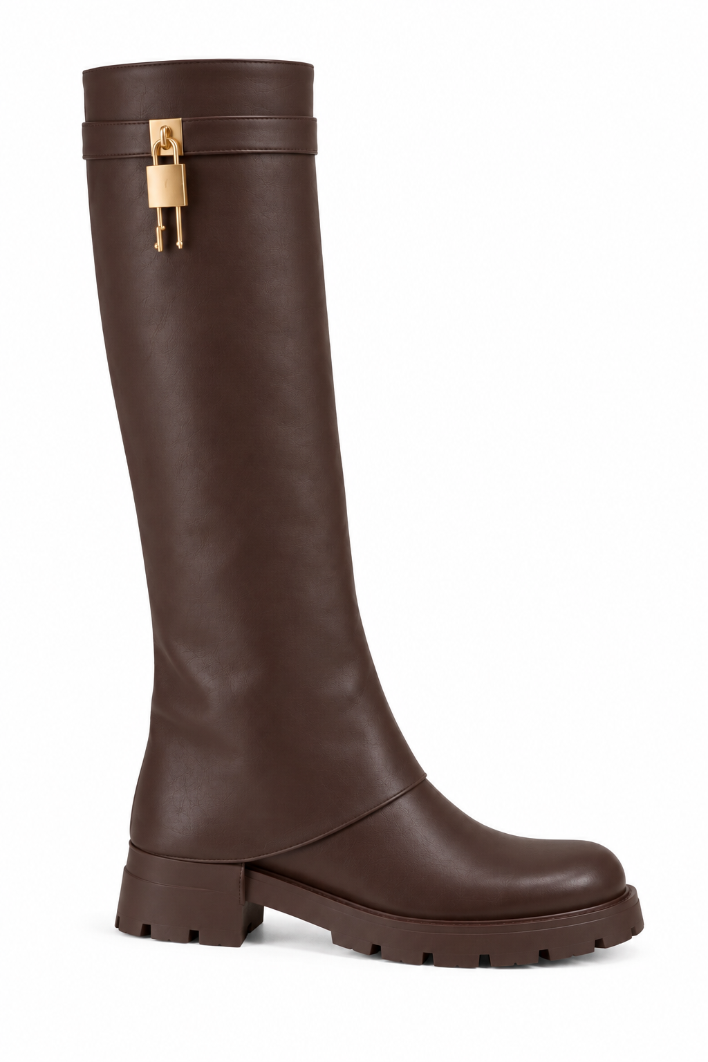 Portia Luxe Gold Padlock Leather Look Chunky Foldover Zip Up Knee High Boots Brown