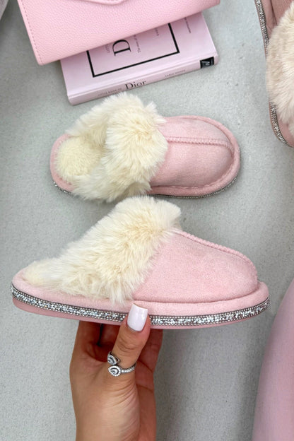 Little Lemmy Crystal Trim Cosy Slippers Pink with plush faux fur lining for maximum warmth and comfort