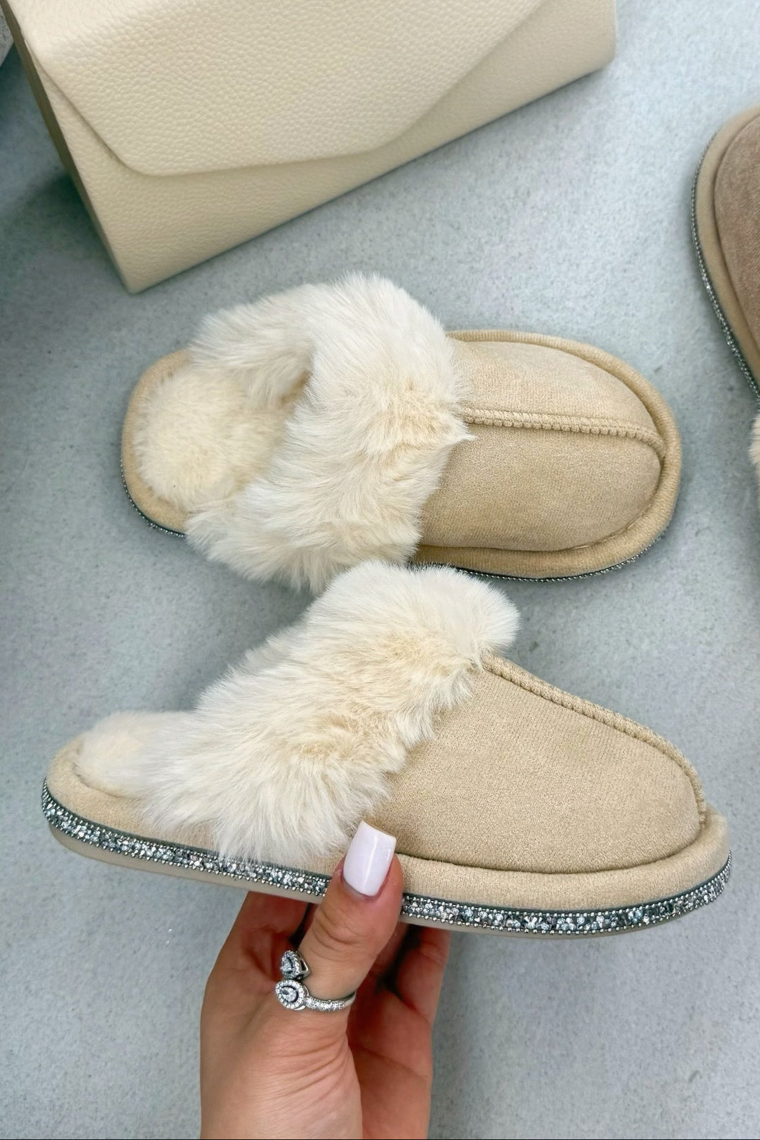 Little Lemmy Crystal Trim Cosy Slippers Nude designed with plush faux fur lining for maximum warmth and comfort