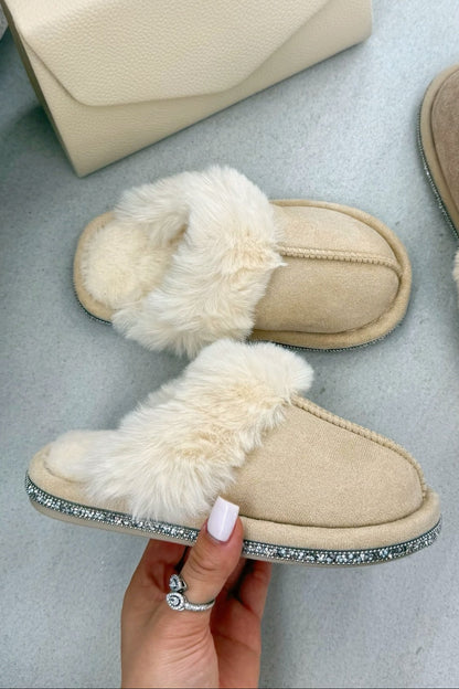 Little Lemmy Crystal Trim Cosy Slippers Nude designed with plush faux fur lining for maximum warmth and comfort