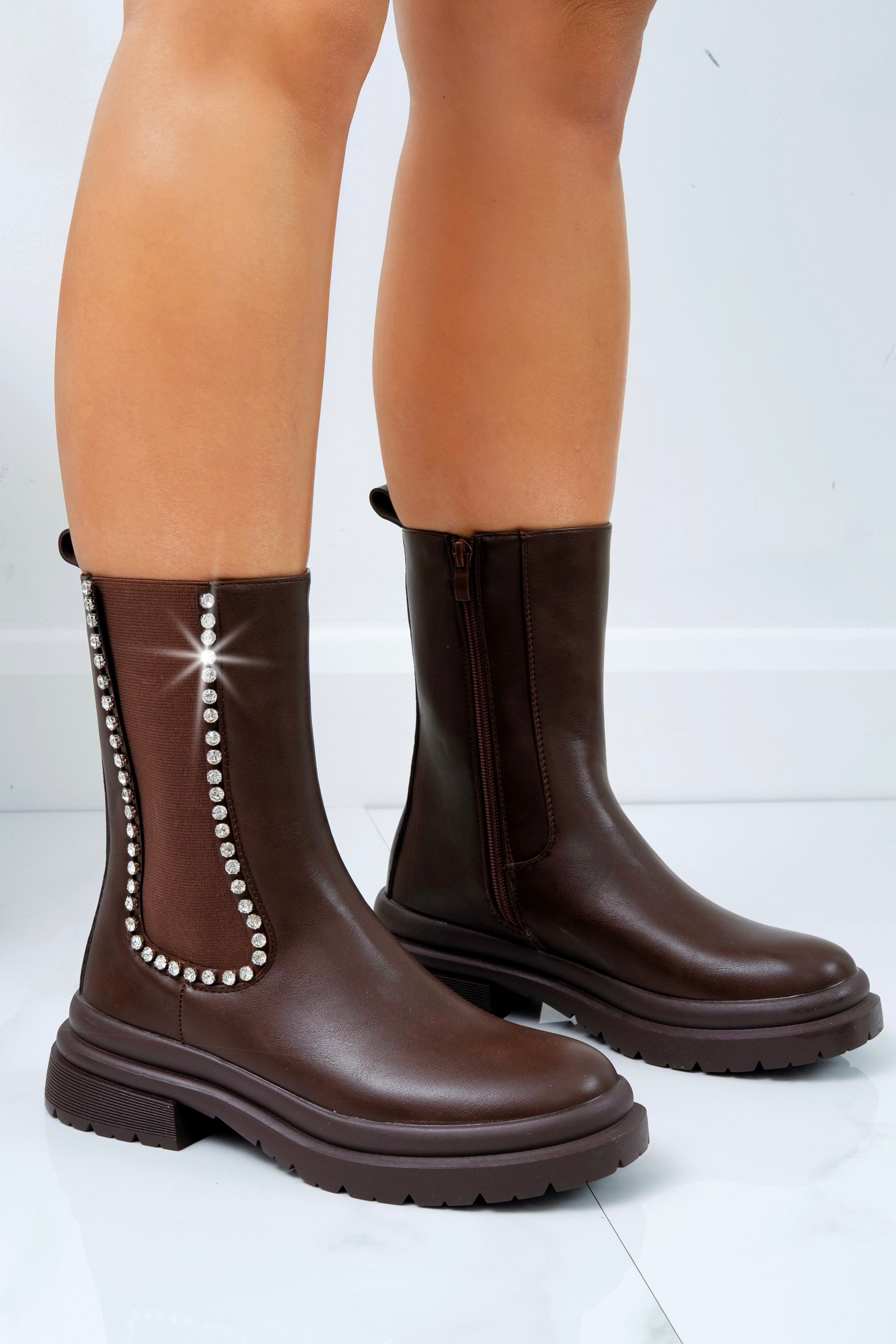 Crystal Drift Luxe Chelsea Boots Brown, bringing attention to crystal-studded elastic panel trim