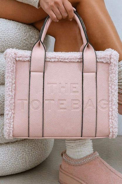 Winter Crush Medium Sherpa Handbag Pink finished with faux pebbled leather with faux sherpa trim