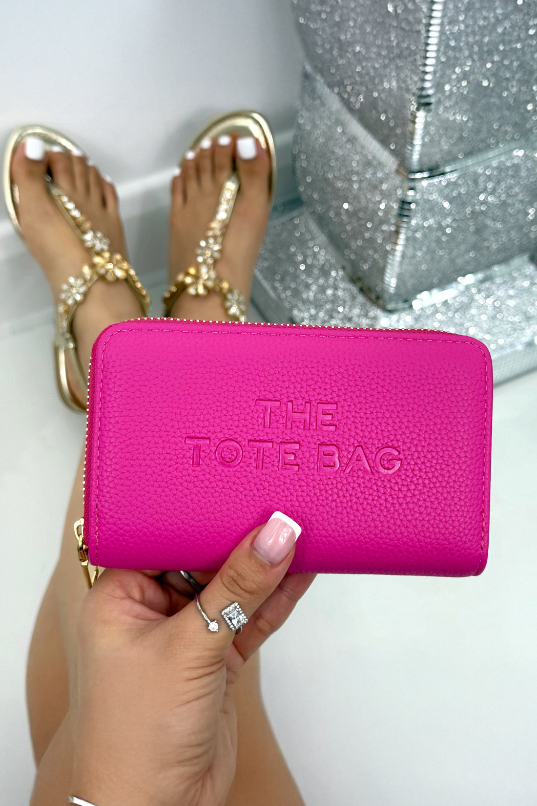 Faux Leather Everyday Wallet Tote Purse Hot Pink with sleek faux leather purse with embossed slogan detail