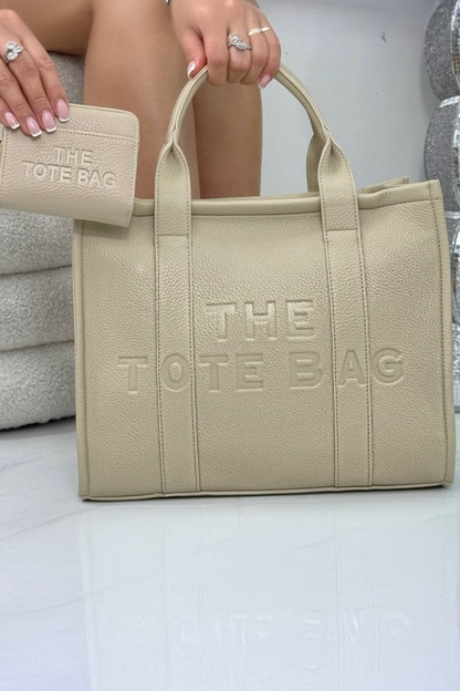Faux Leather Large Tote Bag Beige &amp; Zip Up Tote Bag Purse Beige Bundle designed with striking beige faux leather  with a textured, luxury feel