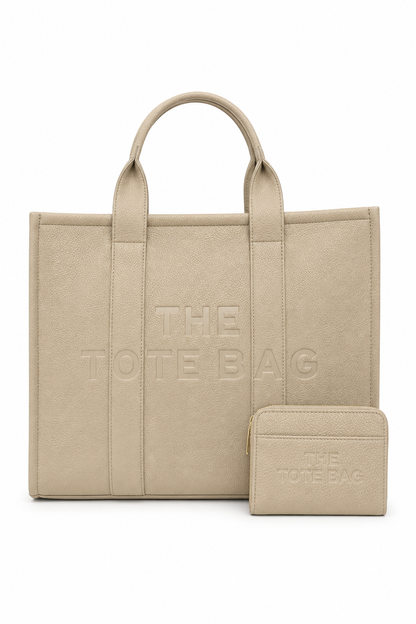 Faux Leather Large Tote Bag Beige &amp; Zip Up Tote Bag Purse Beige Bundle