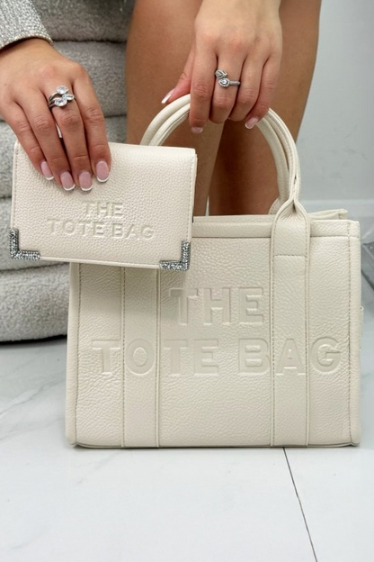Faux Leather Medium Tote Bag Beige &amp; Sparkly Tote Purse Beige Bundle, with faux leather.