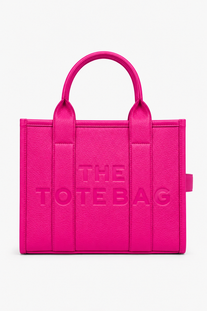 Bright pink textured tote bag with embossed &