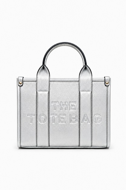 Faux Leather Medium Tote Bag Metallic Silver