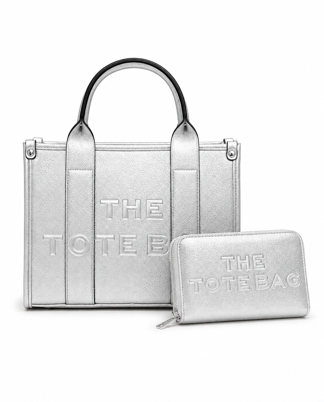 Faux Leather Medium Tote Bag Metallic Silver &amp; Faux Leather Tote Bag Purse Metallic Silver Bundle