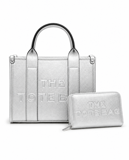 Faux Leather Medium Tote Bag Metallic Silver &amp; Faux Leather Tote Bag Purse Metallic Silver Bundle
