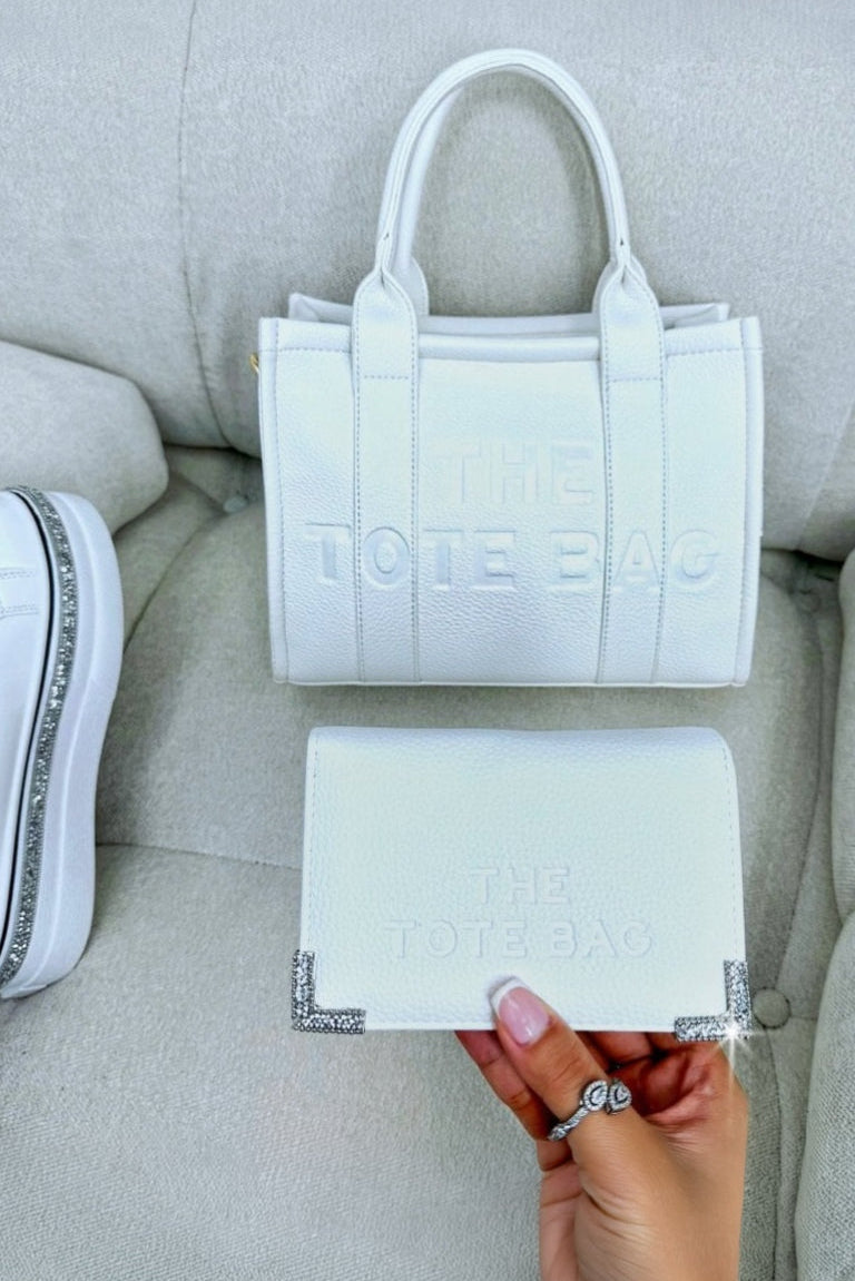 Faux Leather Medium Tote Bag White &amp; Sparkly Tote Purse White Bundle