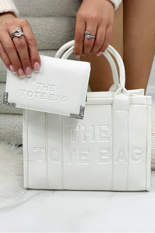 Faux Leather Medium Tote Bag White &amp; Sparkly Tote Purse White Bundle, with faux leather.