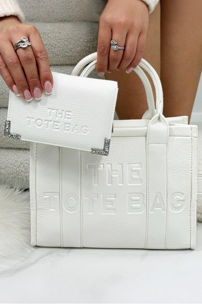 Faux Leather Medium Tote Bag White &amp; Sparkly Tote Purse White Bundle, with faux leather.
