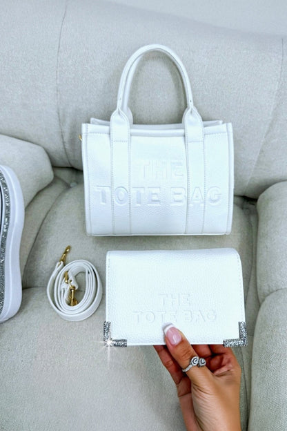Faux Leather Medium Tote Bag White &amp; Sparkly Tote Purse White Bundle