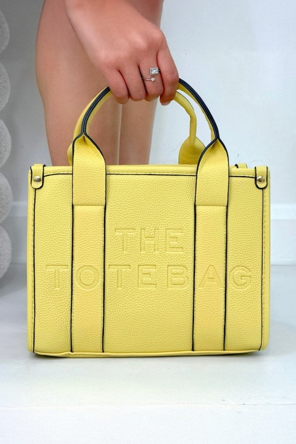Faux Leather Medium Tote Bag Yellow featuring soft  yellow faux leather  with a high-end textured finish