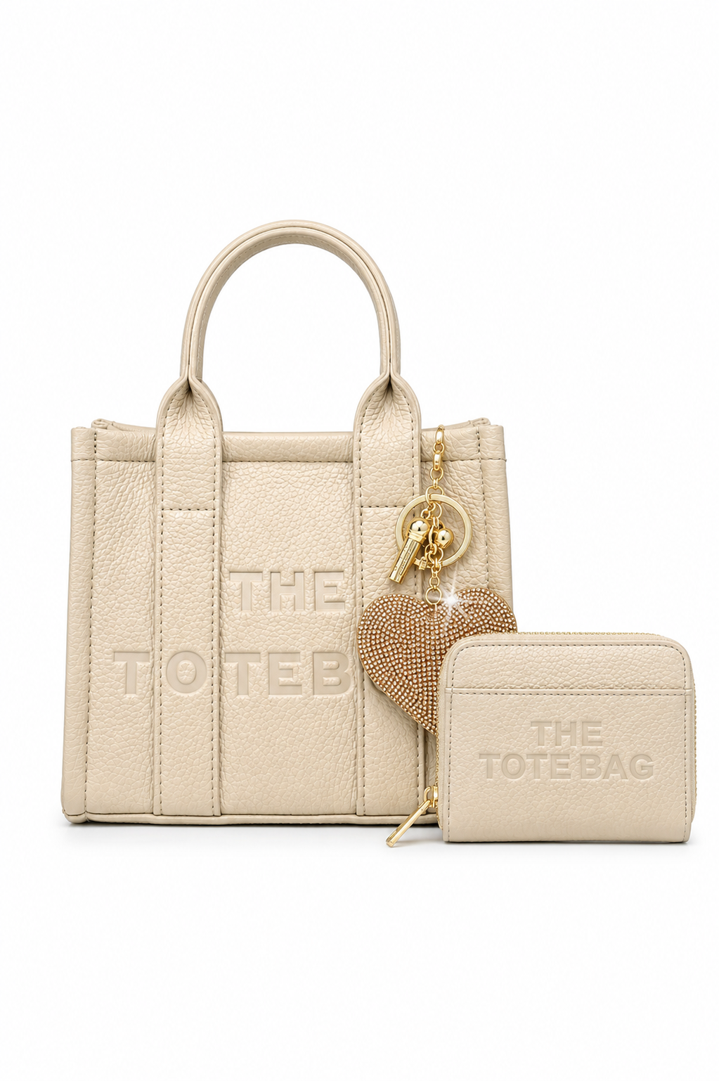Faux Leather Mini Tote Bag Beige, Zip Up Tote Bag Purse Beige &amp; Padded Heart Keyring Gold Bundle