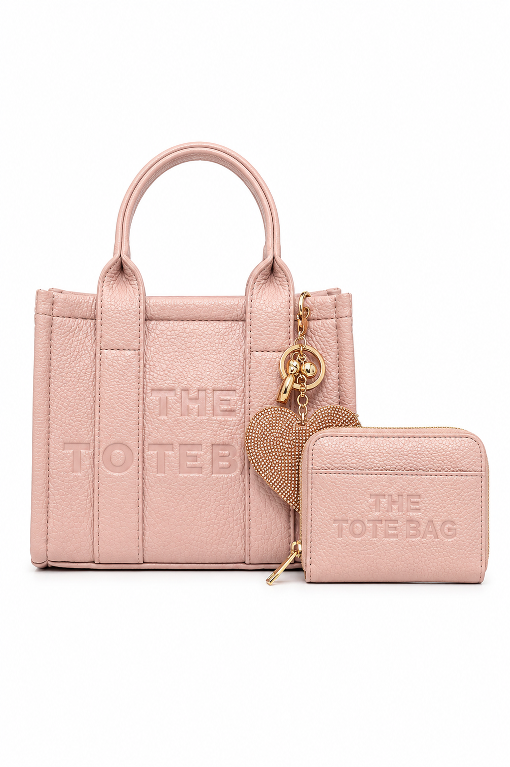 Faux Leather Mini Tote Bag Pink, Zip Up Tote Bag Purse Pink &amp; Padded Heart Keyring Gold Bundle
