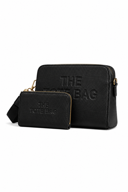 Faux Leather Triple Compartment Everyday Crossbody Tote Bag &amp; Faux Leather Everyday Wallet Tote Purse Black Bundle