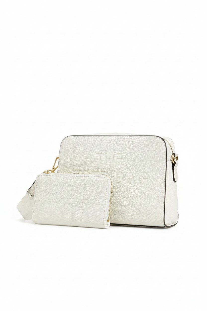 Faux Leather Triple Compartment Everyday Crossbody Tote Bag &amp; Faux Leather Everyday Wallet Tote Purse White Bundle