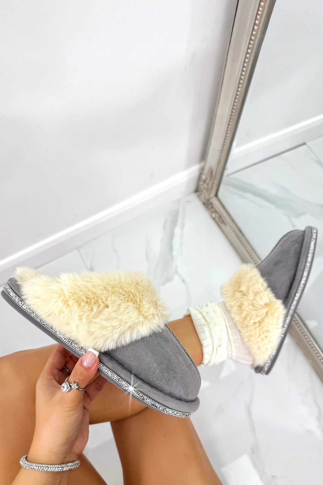 Crystal Trim Cosy Slippers Grey, bringing attention to faux Fur Trim