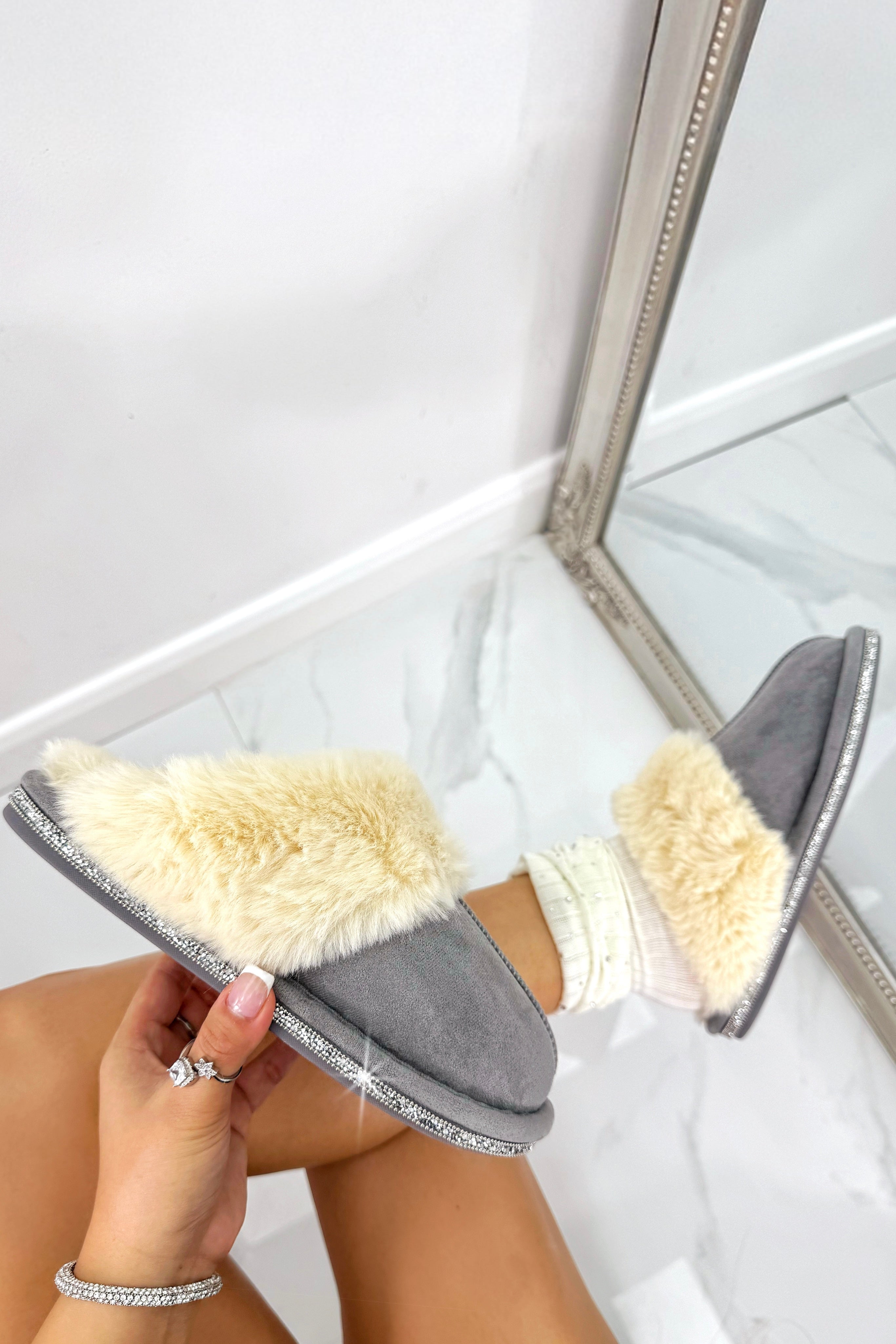 Crystal Trim Cosy Slippers Grey, bringing attention to faux Fur Trim