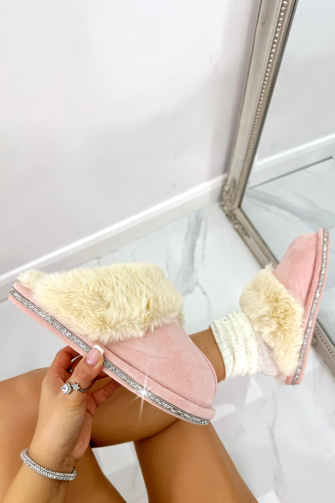 Crystal Trim Cosy Slippers Pink, bringing attention to faux Fur Trim