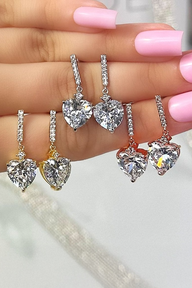 Crystal Dangly Heart Earrings with available in Silver, Rose Gold and Gold